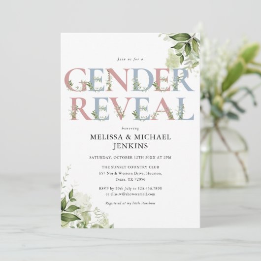 青とピンクの緑の文字の性別を明らかにするパーティー 招待状 (スタンド正面)