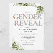 青とピンクの緑の文字の性別を明らかにするパーティー 招待状 (正面/裏面)