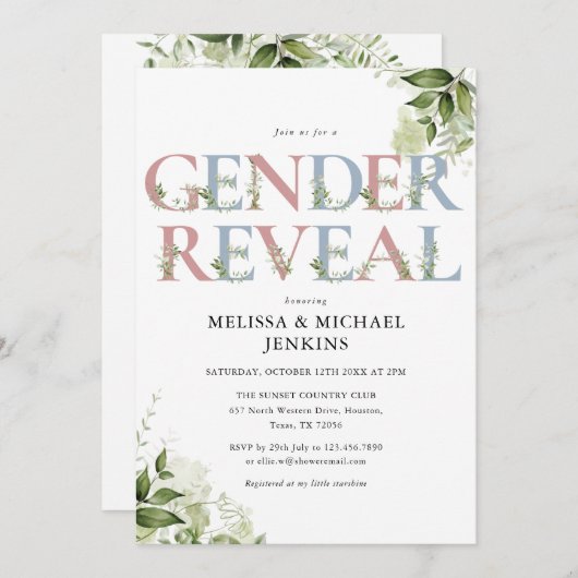 青とピンクの緑の文字の性別を明らかにするパーティー 招待状 (正面/裏面)