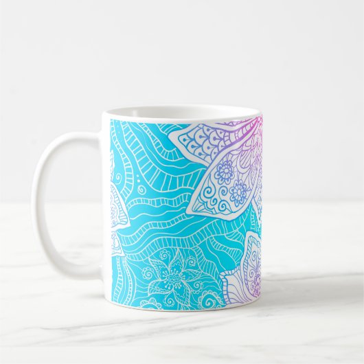 青とピンクの色の花のシームレスパテ華美ト コーヒーマグカップ (左)