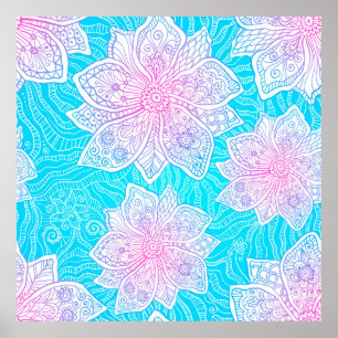 青とピンクの色の花のシームレスパテ華美ト ポスター