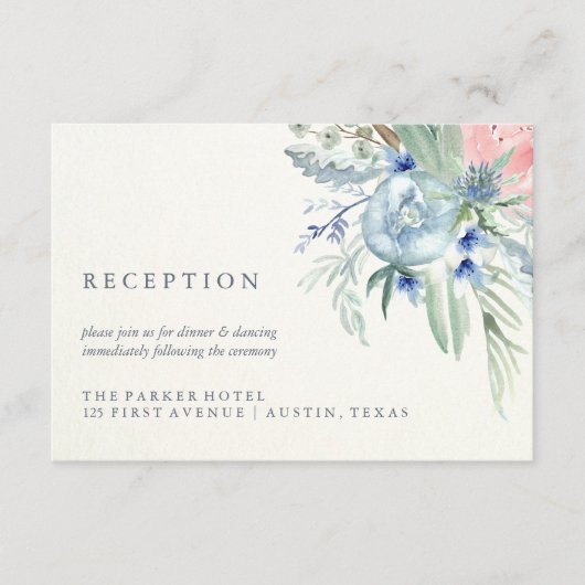 青とピンクの芍薬の水彩画 ウェディングレセプション エンクロージャーカード (正面)