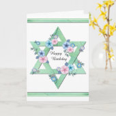 青とピンクの花が咲くダビデの緑の星 カード (黄色い花)