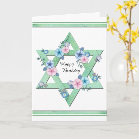 青とピンクの花が咲くダビデの緑の星 カード (黄色い花)