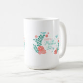 青とピンクの花でお母さんいつもありがとう コーヒーマグカップ (正面右)