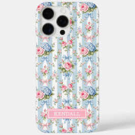 青とピンクの花とリボンのストライプ iPhone 16 PRO MAXケース