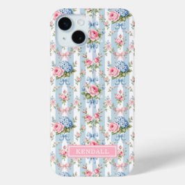青とピンクの花とリボンのストライプ iPhone 15 MINIケース