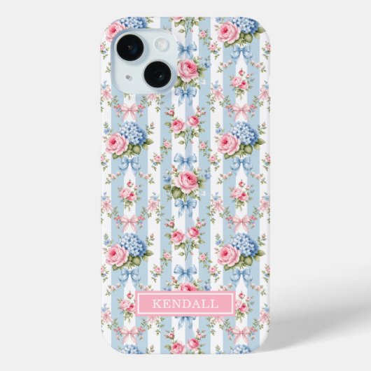 青とピンクの花とリボンのストライプ Case-Mate iPhoneケース (裏面)