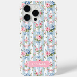 青とピンクの花とリボンのストライプ iPhone 15 PRO MAXケース