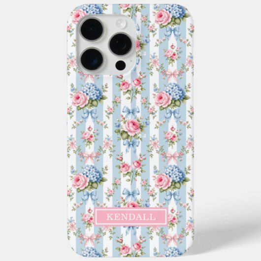 青とピンクの花とリボンのストライプ Case-Mate iPhoneケース (裏面)