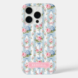 青とピンクの花とリボンのストライプ iPhone 16 PROケース