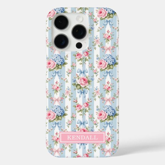 青とピンクの花とリボンのストライプ Case-Mate iPhoneケース (裏面)