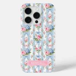 青とピンクの花とリボンのストライプ iPhone 15 PROケース