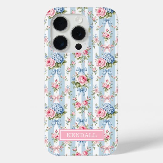 青とピンクの花とリボンのストライプ Case-Mate iPhoneケース (裏面)