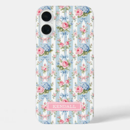 青とピンクの花とリボンのストライプ iPhone 16 PLUSケース