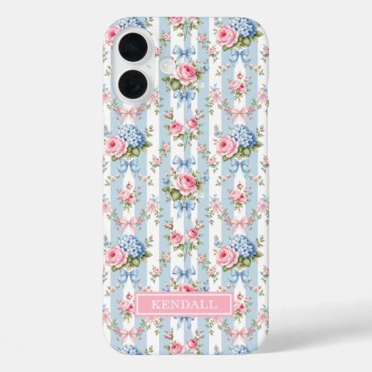 青とピンクの花とリボンのストライプ Case-Mate iPhoneケース (裏面)