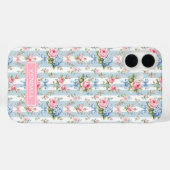 青とピンクの花とリボンのストライプ Case-Mate iPhoneケース (裏面 (横))