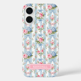 青とピンクの花とリボンのストライプ iPhone 16ケース