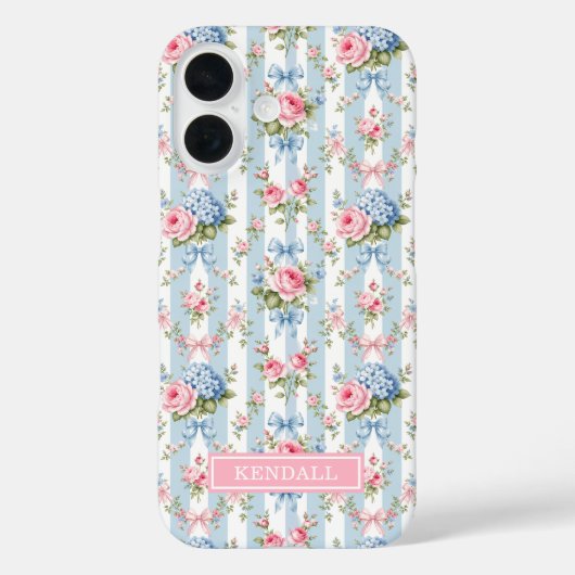 青とピンクの花とリボンのストライプ Case-Mate iPhoneケース (裏面)