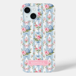 青とピンクの花とリボンのストライプ iPhone 15ケース