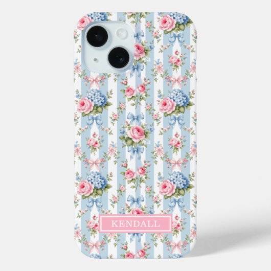 青とピンクの花とリボンのストライプ Case-Mate iPhoneケース (裏面)