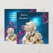 青とピンクの花と渦巻きのスイート16パーティー 招待状 (正面/裏面)