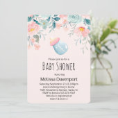 青とピンクの花のベビーボトル 赤ちゃんの歓迎会 招待状 (スタンド正面)