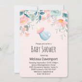 青とピンクの花のベビーボトル 赤ちゃんの歓迎会 招待状 (正面)
