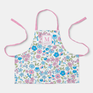 青とピンクの花のモノグラムエプロン エプロン