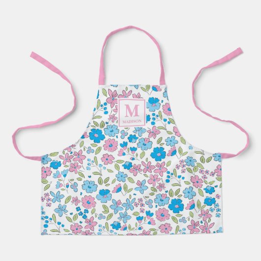 青とピンクの花のモノグラムエプロン エプロン (正面)