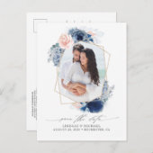 青とピンクの花の日付写真を保存 案内ポストカード (正面/裏面)