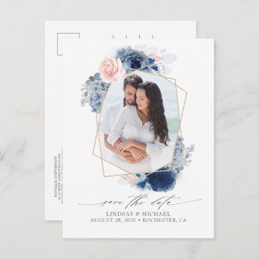 青とピンクの花の日付写真を保存 案内ポストカード (正面/裏面)