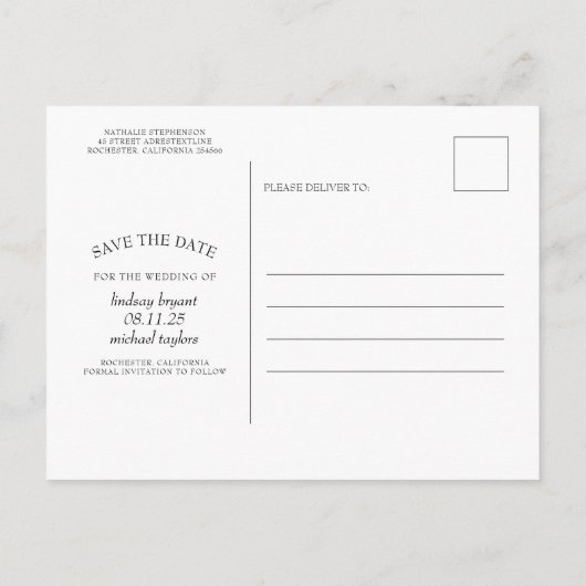 青とピンクの花の日付写真を保存 案内ポストカード (裏面)