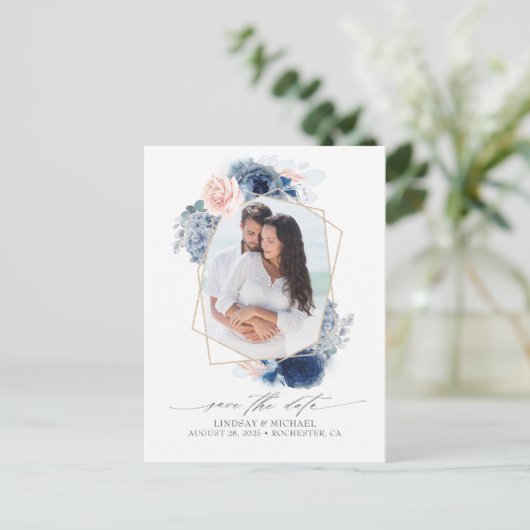 青とピンクの花の日付写真を保存 案内ポストカード (スタンド正面)