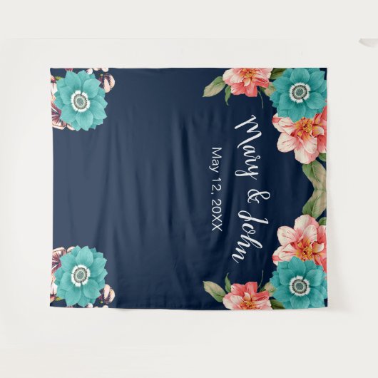 青とピンクの花の植物写真背景 タペストリー (正面(横))