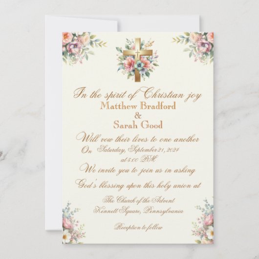 青とピンクの花の金ゴールドクロス結婚式招待状 招待状 (正面)