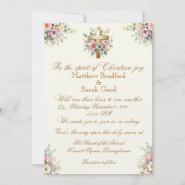 青とピンクの花の金ゴールドクロス結婚式招待状 招待状