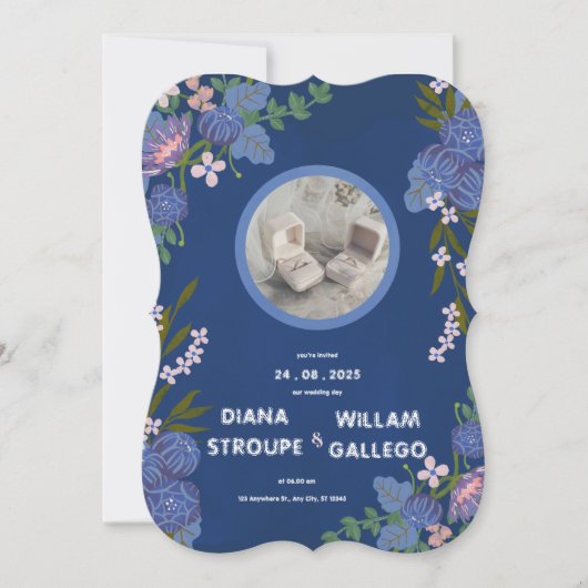 青とピンクの花をあしらったモダンクラシックな結婚式の招待状 (正面)