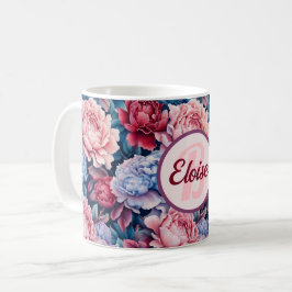 青とピンクの花パーソナライズされた コーヒーマグカップ
