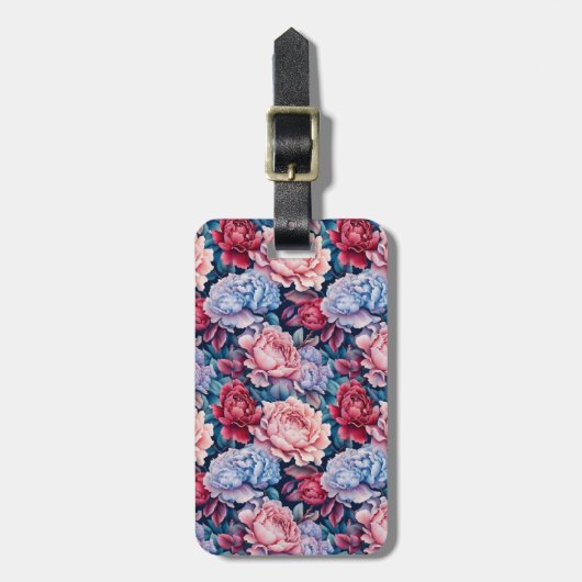 青とピンクの花ピンク背 ラゲッジタグ (正面縦)