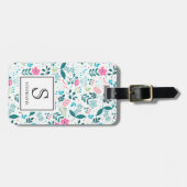 青とピンクの花柄モノグラム名入り ラゲッジタグ (正面横)