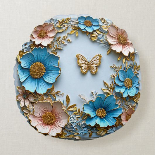 🦋 青とピンクの花柄蝶のインテリアアクセント 🦋 ラウンドクッション (正面)