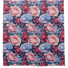 青とピンクの花 シャワーカーテン