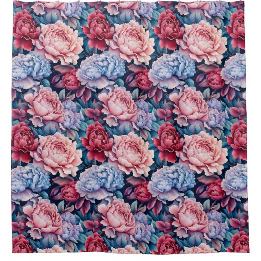 青とピンクの花 シャワーカーテン (正面)