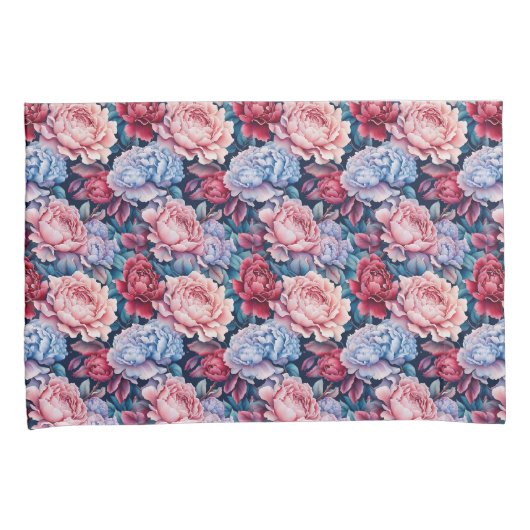 青とピンクの花 枕カバー (正面右)