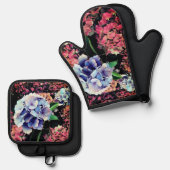 青とピンクの花 鍋つかみ&鍋敷きセット (正面/裏面)
