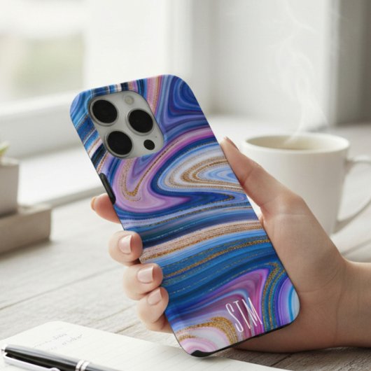 青とピンクの金ゴールド大理石アゲートモノグラム Case-Mate iPhoneケース