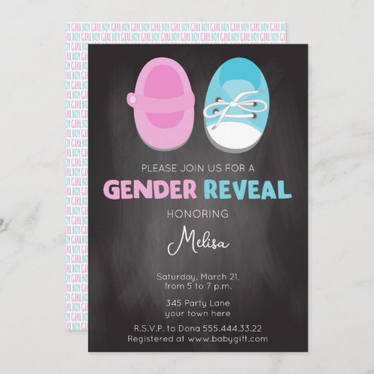 青とピンクの靴ジェンダーが招待を明らかにする 招待状 (正面/裏面)