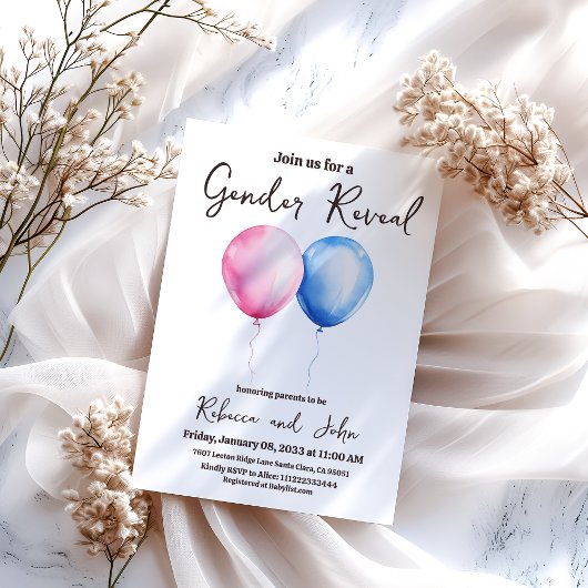 青とピンクの風船が性別を明かす 招待状