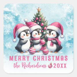 青とピンクの3ペンギンおもしろいメリークリスマス スクエアシール